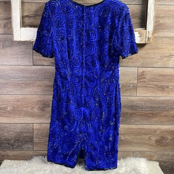 STENAY Vintage 100% Silk Sequined Royal Blue Cocktail Dress Above Knee Size 10 - Picture 7 of 11